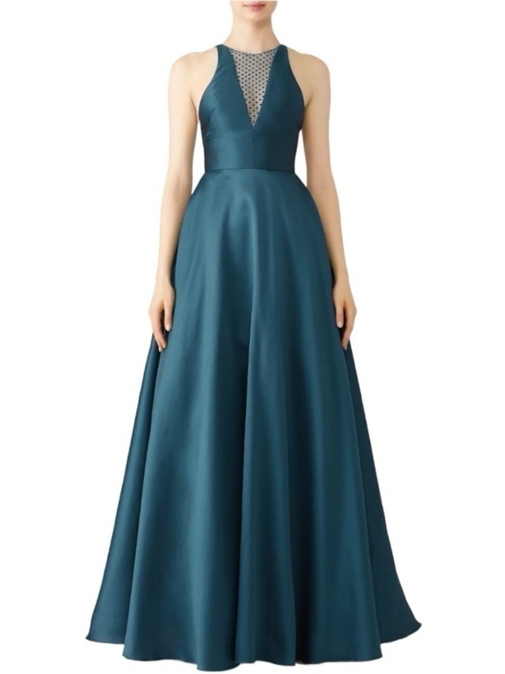 Monique Lhuillier Teal Halter Satin Maxi Gown